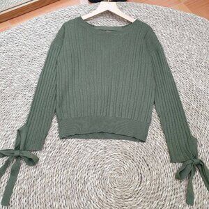 Olive Green Ribbed Knit Crop Sweater Tie Bow Sleeve Detail 🎀